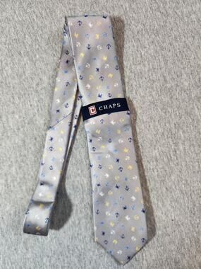 Chaps 100% Silk Nautical Anchor Crab Tie Gray Blue Yellow Men's Neck Tie